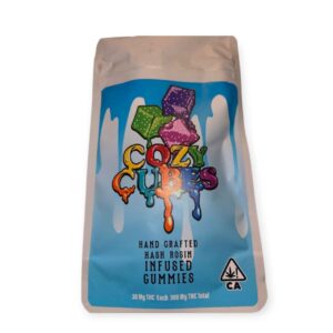 Cozy Cubes by Masterball Melts, solventless live rosin infused gummies in assorted fruity flavors, 300mg pack with 10 cubes at 30mg each