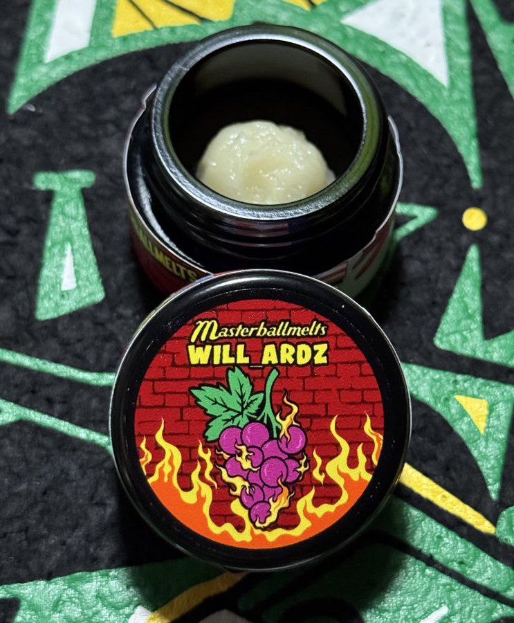 A close-up shot of Master Ball Melts' Grape Gas dessert, showing its vibrant color and texture