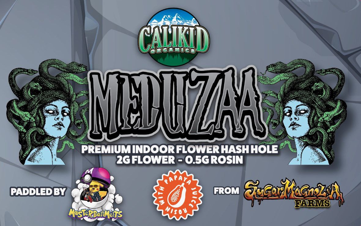 Medusa Hash Hole with 2g indoor flower and 0.5g Strawberry Dole Whip rosin paddle by Master Ball Melts