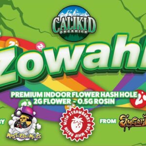 Zowahh Hash Hole with 2g indoor flower and 0.5g Strawberry Dole Whip rosin paddle by Master Ball Melts