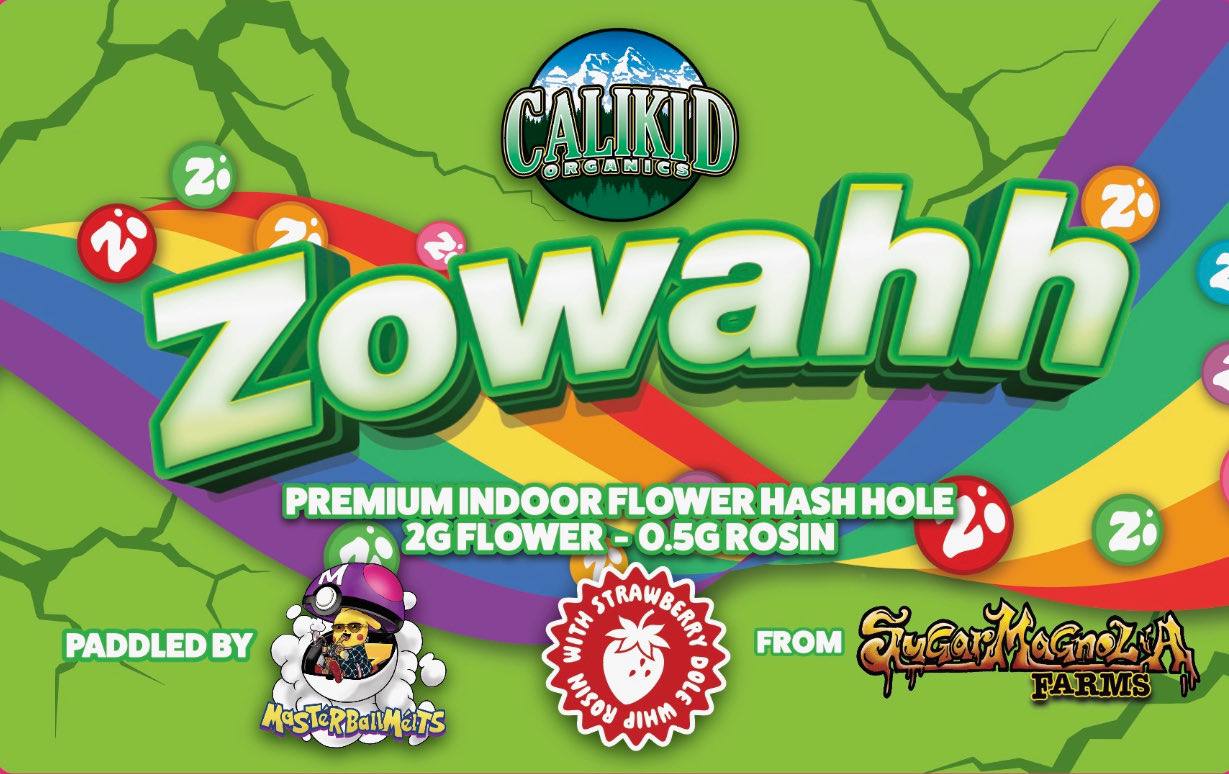 Zowahh Hash Hole with 2g indoor flower and 0.5g Strawberry Dole Whip rosin paddle by Master Ball Melts