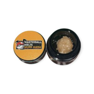 Strawboof THCa cold cure rosin with creamy golden texture in a clear glass jar.