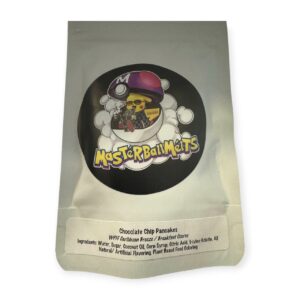 Chocolate chip pancake-flavored THC gummies from Cozy Cubes x Master Ball Melts with golden packaging and rosin infusion label
