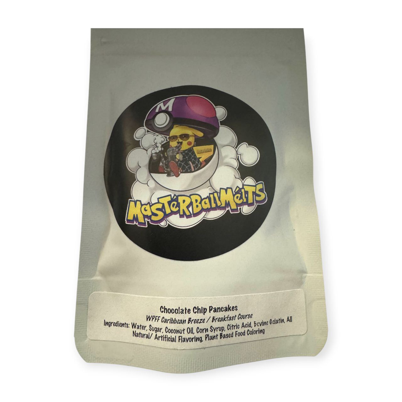 Chocolate chip pancake-flavored THC gummies from Cozy Cubes x Master Ball Melts with golden packaging and rosin infusion label