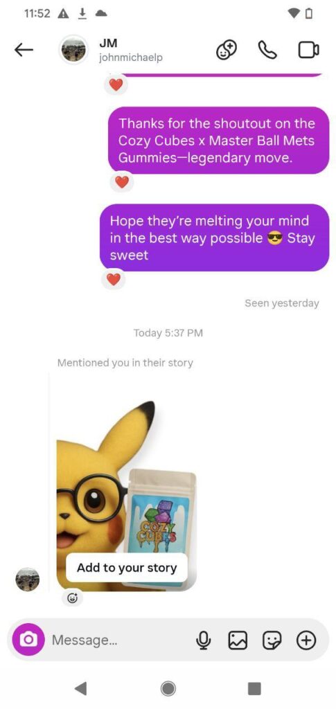 Instagram story screenshot showing a Master Ball Melts fan holding a bag of Cozy Cubes x Master Ball Mets Gummies next to a cartoon image of Pikachu wearing glasses.